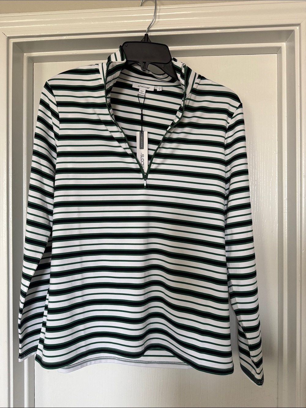 Chico's Striped Half-Zip Long Sleeve Top in Green and White